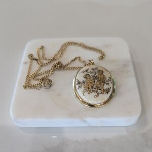 Vintage, Gold-Tone Porcelain Pendant Necklace with Cherub Motif